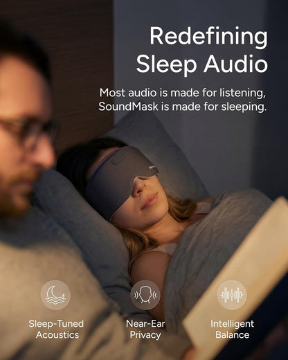 Sleenova SoundMask - Sleep Mask with Built-in Tuned Sleep Audio, Side Sleeper Optimized, Phone-Free Sleep & Nap, Bluetooth Modes, Soft Black