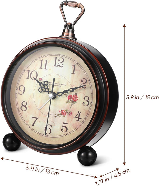Veemoon Vintage Desk Alarm Clock - 8# Antique Silent Table Clock Decorative Quiet Non-Ticking Alarm - Retro European Style- for Kids, Office, Desk Bedside Shelf Decor, No Battery