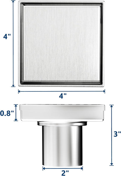 Neodrain 4" Brushed Square Shower Drain with Removable Tile Insert Grate | 304 Stainless Steel Tile Square Drain, Hidden Drain,Easy to Clean, Waterproof & Sturdy Shower Drain, CUPC Certified