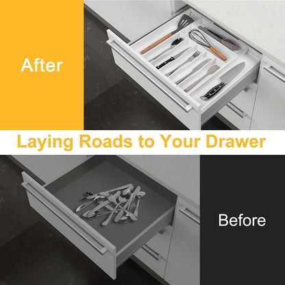 Expandable Bamboo Kitchen Drawer Organizer for Cutlery and Utensils, Adjustable Bamboo Wood Cutlery Tray in Drawer for Flatware and Silverware in Kitchen, (Natural)