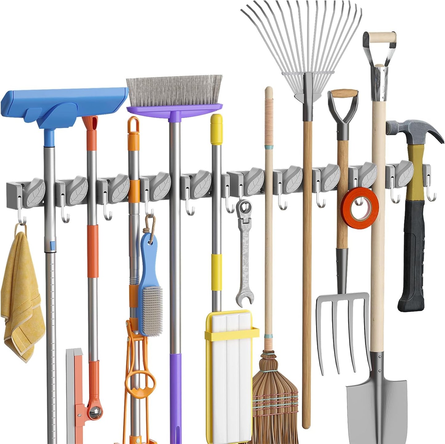 Lifewit Mop and Broom Holder Organizer Wall Mount Non-Slip, 1 Pack, Black | Easy Install One Handed Push Cleaning Tool Hanger with 6 Hooks 5 Slots, Heavy Duty Hanging Utility Rack for Garden, Garage