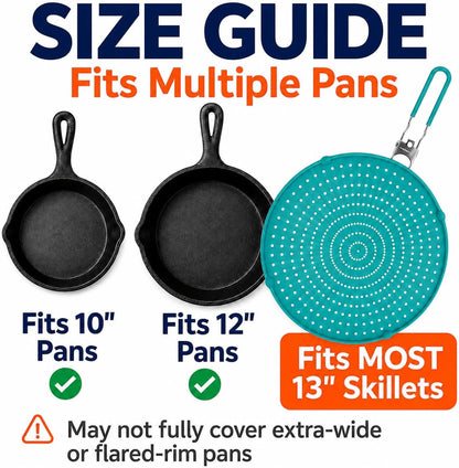 Silicone Splatter Screen for Frying Pan, 13” Navy – Grease & Oil Splatter Guard, Heat Resistant, Dishwasher Safe, Foldable Handle with Sleeves – Splash Guard Fits 10–12” Pans, Most 13” Skillets