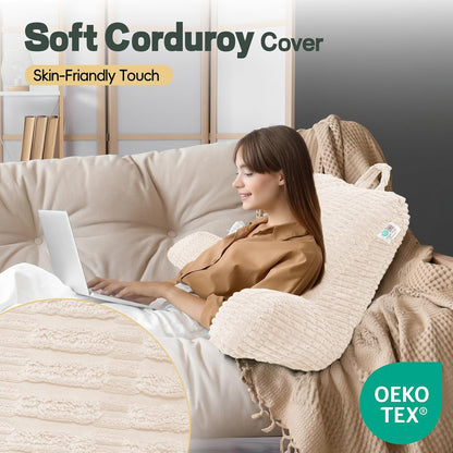 21" Higher Large Reading Pillow for Bed Adult, Back Pillow for Bed Sitting Up with Memory Foam Back Support with Arms Rest for Couch Chair Gray