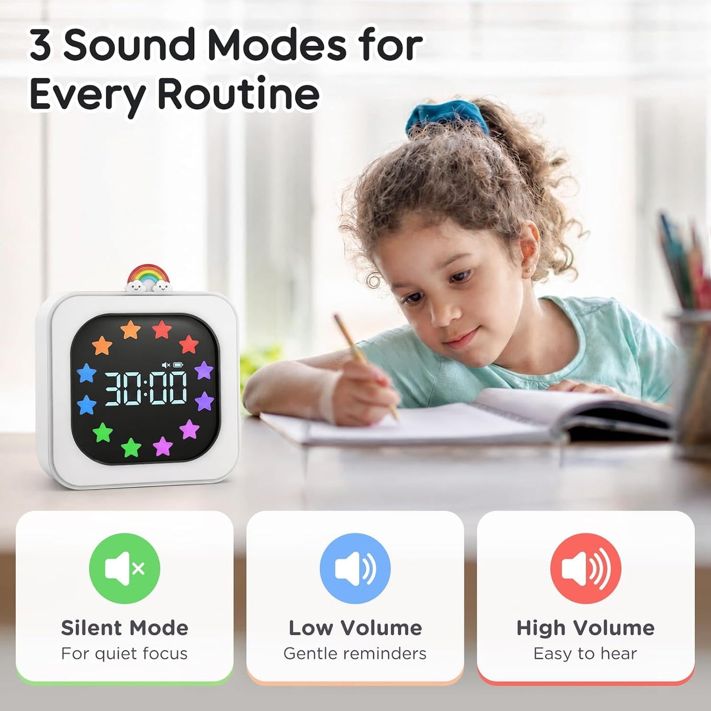 Digital Visual Timer for Kids with 12-Star Rainbow Display & 9 Color Modes | 99-Minute Count-Up & Countdown Timer with Silent Mode & Pause for Classroom, Home, Kitchen, Rechargeable, White