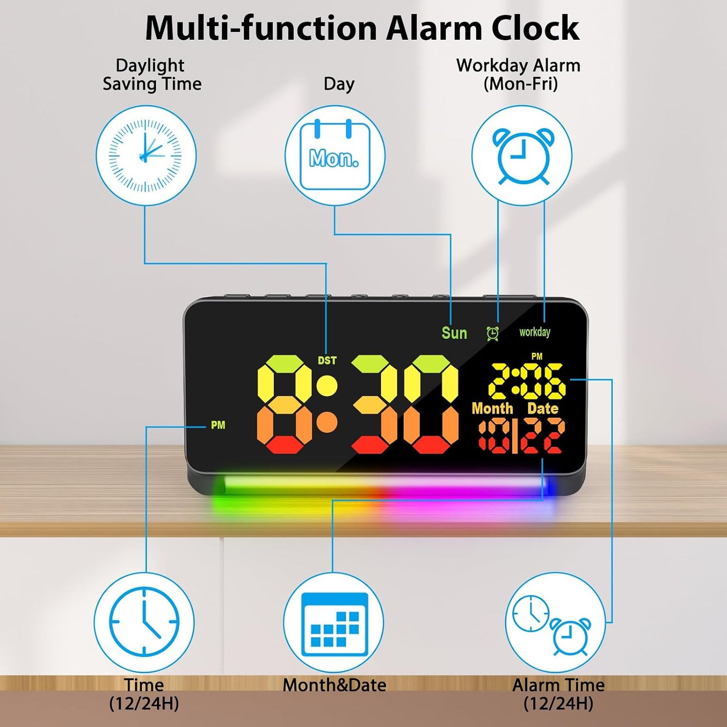 Samshow 120db Super Loud Alarm Clock for Heavy Sleepers Adults | 15 Wake Up Sounds, 7 Color Night Light, Dynamic RGB Color, Adjustable Brightness, Snooze, DST, Large LED Display