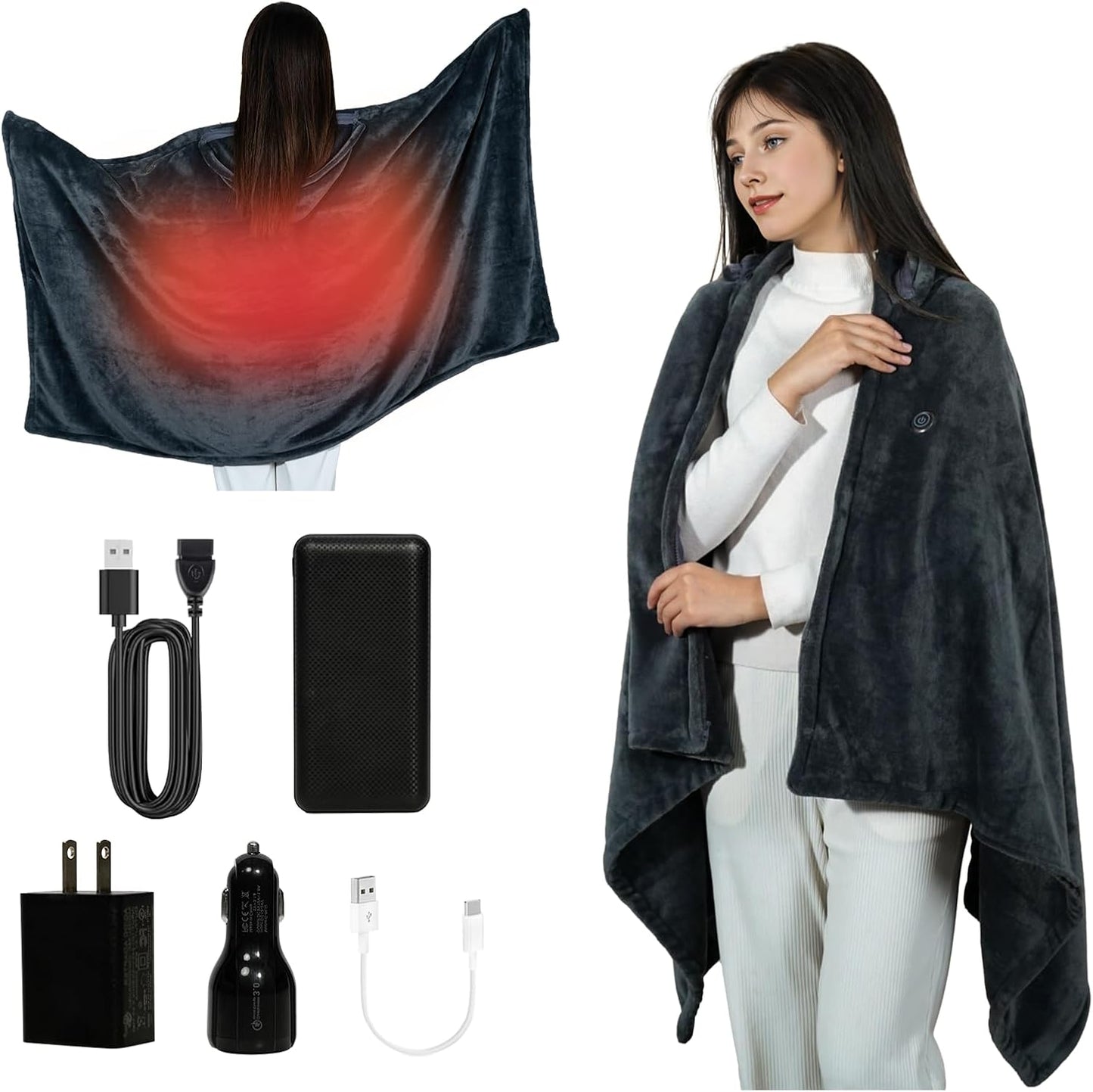 Cordless Heated Blanket Battery Powered; USB Wearable Portable Heated Throw Blanket with Hood, 20000 mAh Battery, 9 Heating Zone, 3-Level; Portable Heated Shawl Cordless; Camping