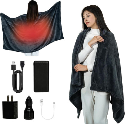 Cordless Heated Blanket Battery Powered; USB Wearable Portable Heated Throw Blanket with Hood, 20000 mAh Battery, 9 Heating Zone, 3-Level; Portable Heated Shawl Cordless; Camping