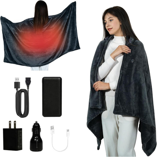 Cordless Heated Blanket Battery Powered; USB Wearable Portable Heated Throw Blanket with Hood, 20000 mAh Battery, 9 Heating Zone, 3-Level; Portable Heated Shawl Cordless; Camping