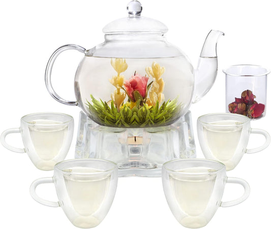Glass Teapot Set, 40OZ/1200ml Stovetop Safe Glass Tea Kettle with Removable Infuser & Tea Warmer, Tea Cups Set of 4, Blooming Tea & Loose Leaf Tea Maker Set for Women，4 Teacup and Saucers