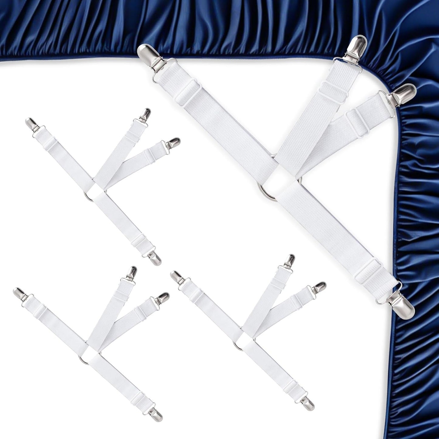 4PCS Adjustable Bed Sheet Holders, Elastic Mattress Sheet Fasteners Holder with Metal Clips for Hold Sheet, Mattress, Sofa, Couch, Table Cloth, (White)