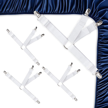 4PCS Adjustable Bed Sheet Holders, Elastic Mattress Sheet Fasteners Holder with Metal Clips for Hold Sheet, Mattress, Sofa, Couch, Table Cloth, (White)