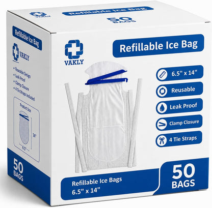 Vakly Large Refillable Ice Bags 6.5 x 14 [Pack of 5] – Reusable Ice Pack with Clamp Closure, Soft Outer Covering & Leak-Resistant Inner Layer for Hospital, Home & Sports Use