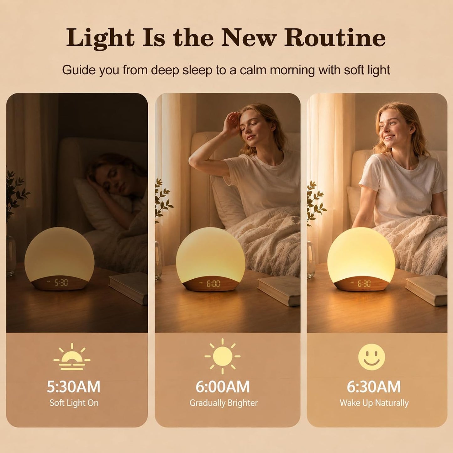 REACHER Wood Grain Sunrise Alarm Clock and Sound Machine Nightlight, Digital Dimmable Clock for Bedroom, 26 Sleep Sounds, White Noise Machine for Baby, Adults, Wake Up Light Alarm Clock for Kids | Digital Dimmable Clock for Bedroom, 26 Sleep Sounds,