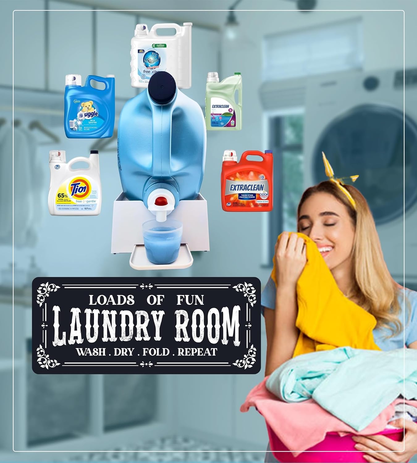 TidyFriend No-Spill Liquid Laundry Detergent Dispenser Holder, Laundry Soap Dispenser Holder with Drip Tray for Laundry Room Organization, Angled Downward Slope for Easy Pouring (No Strap, Ivory)