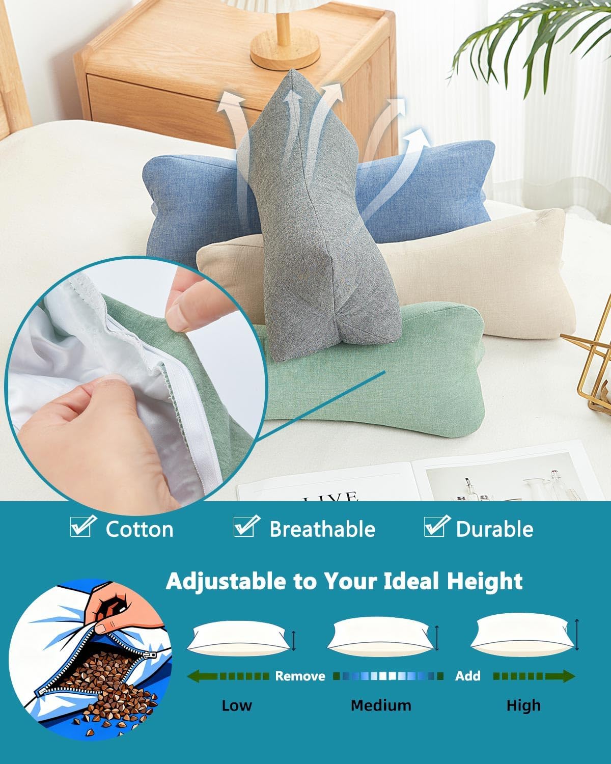 Buckwheat Cervical Neck Roll Pillow, Adjustable Firm Support for Neck Pain Relief, 15.7x6 Inch Buckwheat Hull Pillow for Back Side Sleepers