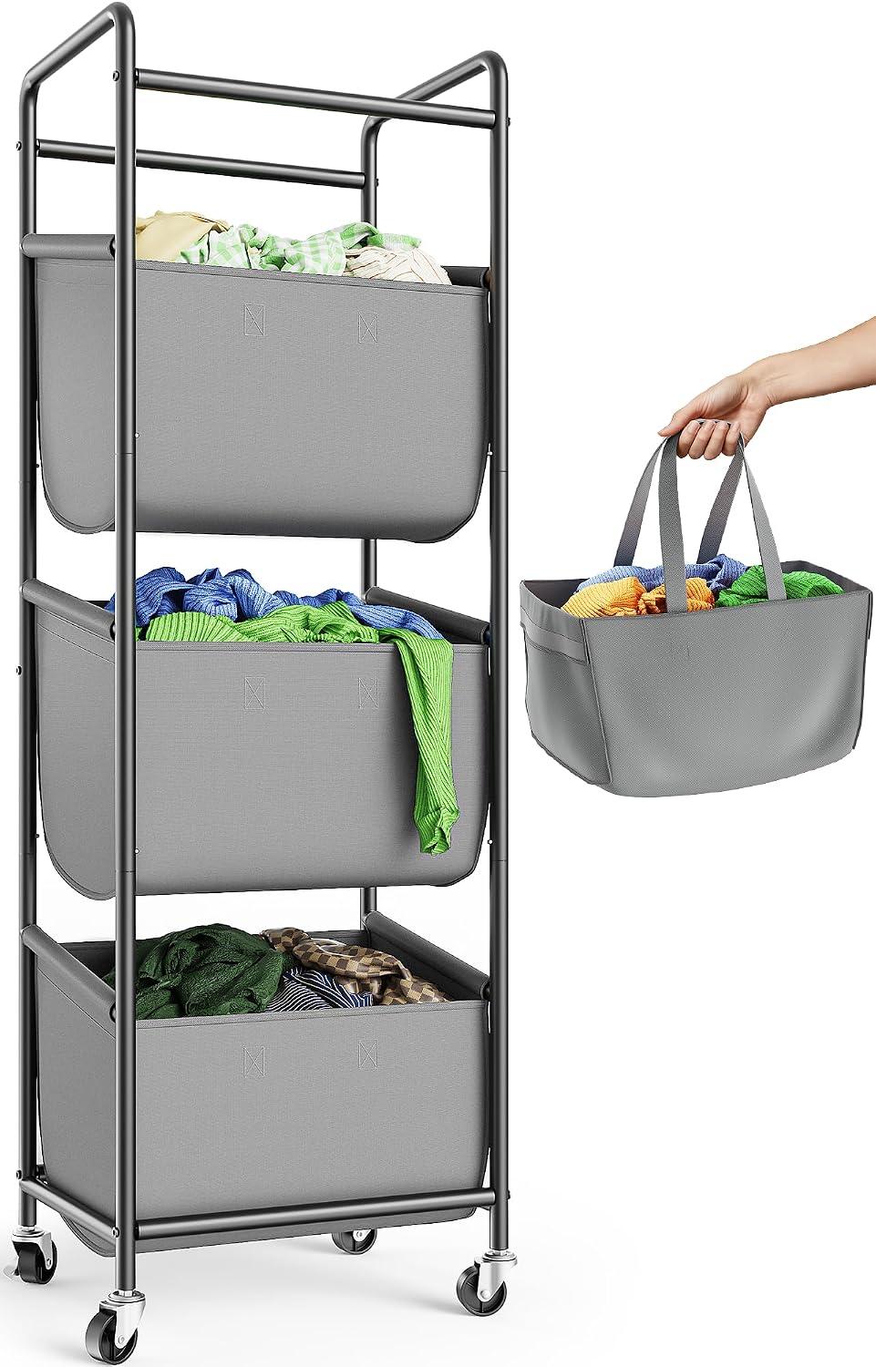 3 Section Laundry Sorter with Removable Bags, 120L Rolling Vertical Laundry Hamper, Stackable Laundry Baskets organizer for Bathroom, Apartment, Dorm (Beige, With Wheel)