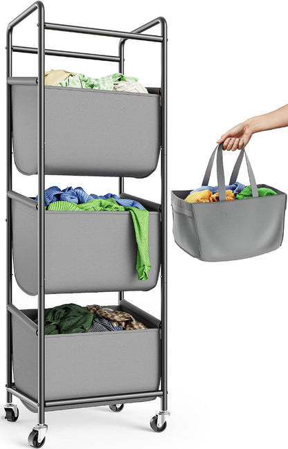 3 Section Laundry Sorter with Removable Bags, 120L Rolling Vertical Laundry Hamper, Stackable Laundry Baskets organizer for Bathroom, Apartment, Dorm (Beige, With Wheel)