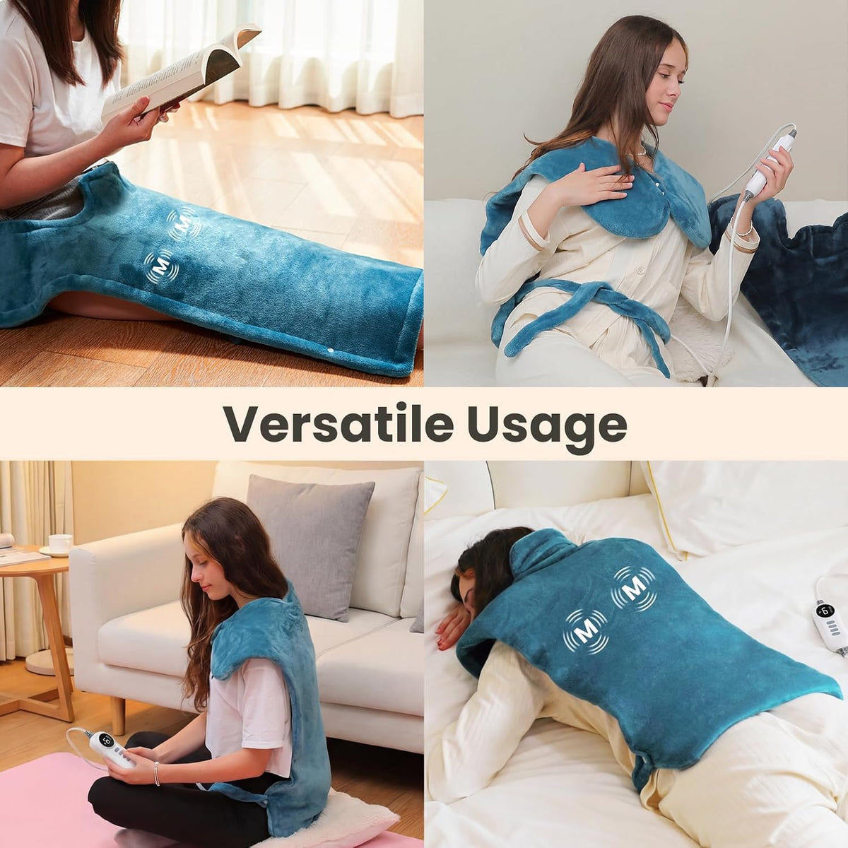 DAILYLIFE Heating Pad with Massager for Neck and Shoulders, Wearable Electric Heating Pads for Back Pain Relief, Auto-Shut Off, 6 Heat Settings, 4 Massage Modes, Large Size, UL Certified, Blue
