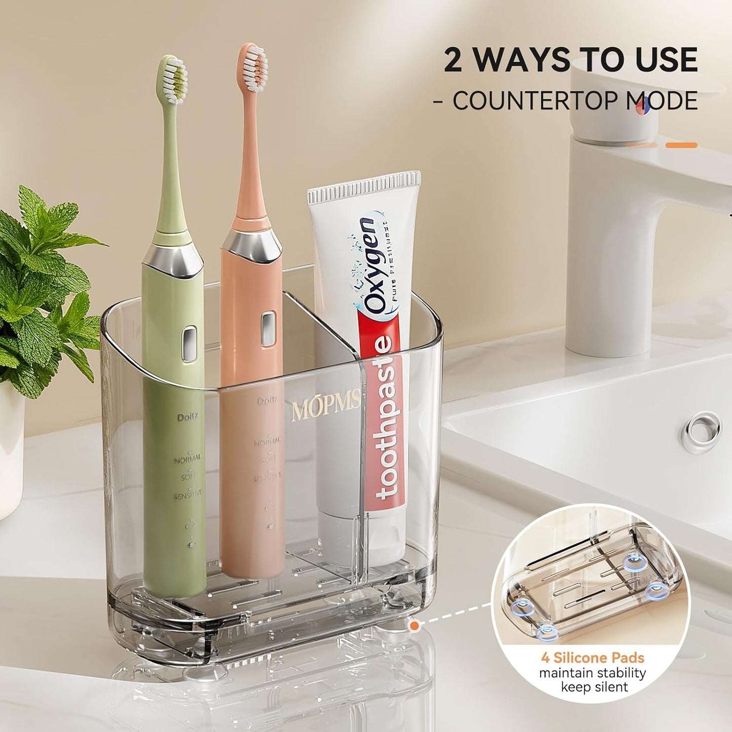 MOPMS Toothbrush Holders with Drainage for Bathrooms Countertop Organizer | 2 Slots Electric Toothbrush Holder Wall-Mount with Divider for Easy Clean, Tooth Brush and Toothpaste Holder for Bathroom