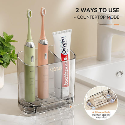 MOPMS Toothbrush Holders with Drainage for Bathrooms Countertop Organizer | 2 Slots Electric Toothbrush Holder Wall-Mount with Divider for Easy Clean, Tooth Brush and Toothpaste Holder for Bathroom