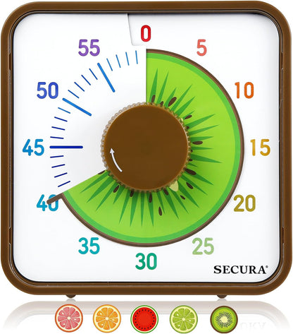 Secura 7.5-Inch Fruit Visual Timer for Kids, 60-Minute Countdown Timer for Classroom or Kitchen, Durable Mechanical Timer Clock with Magnetic Backing (Orange)