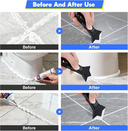 Caulking Tool 5 in 1, Caulk Remover & Silicone Sealant Finishing Kit with Grout Scraper and 6 Silicone Pads, Ideal for Kitchen, Bathroom, and Window Sealing