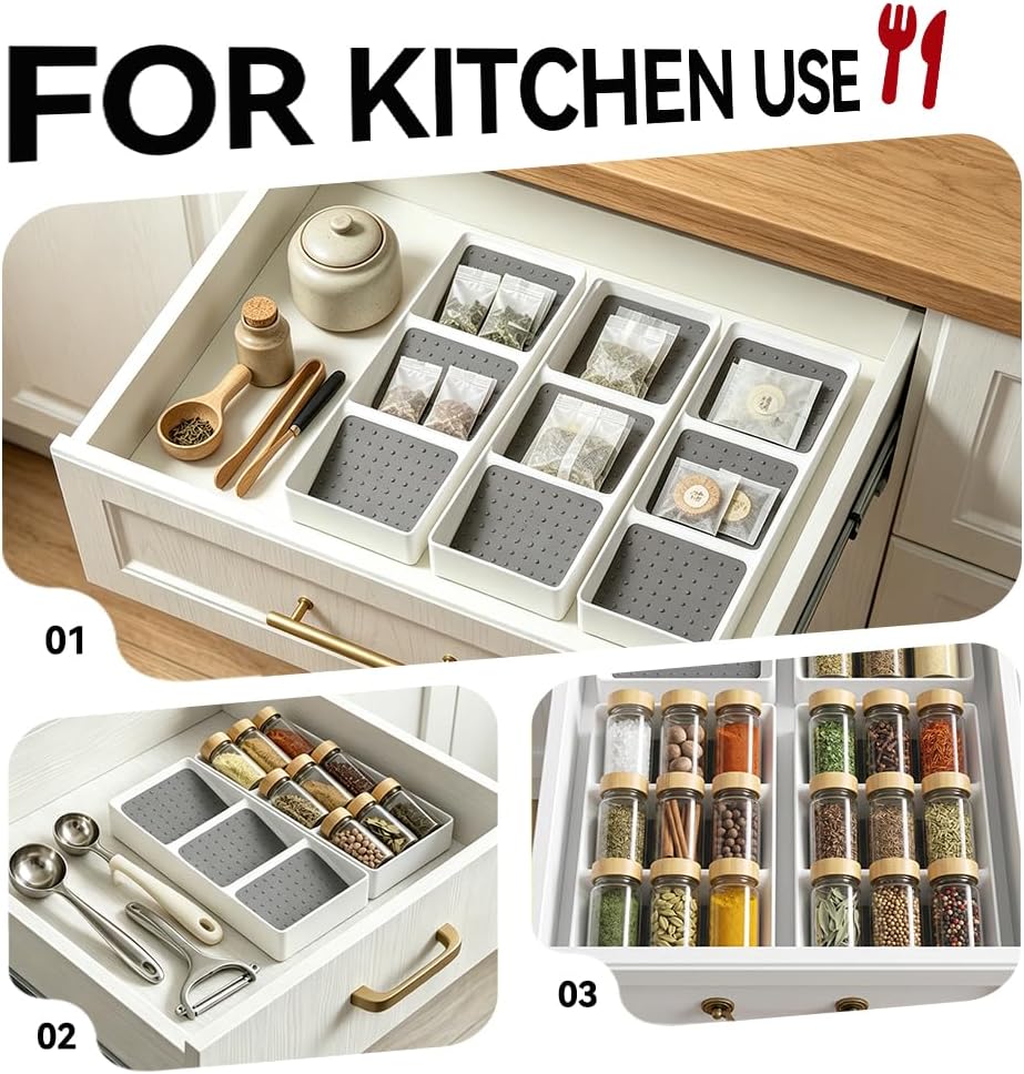 Small spice drawer organizer insert,1 pack,3 layer silicone non-slip mats, L15''xW5.6''xH2'',Kitchen drawers or countertops (jars not included),Expandable spice drawer organizer insert narrow