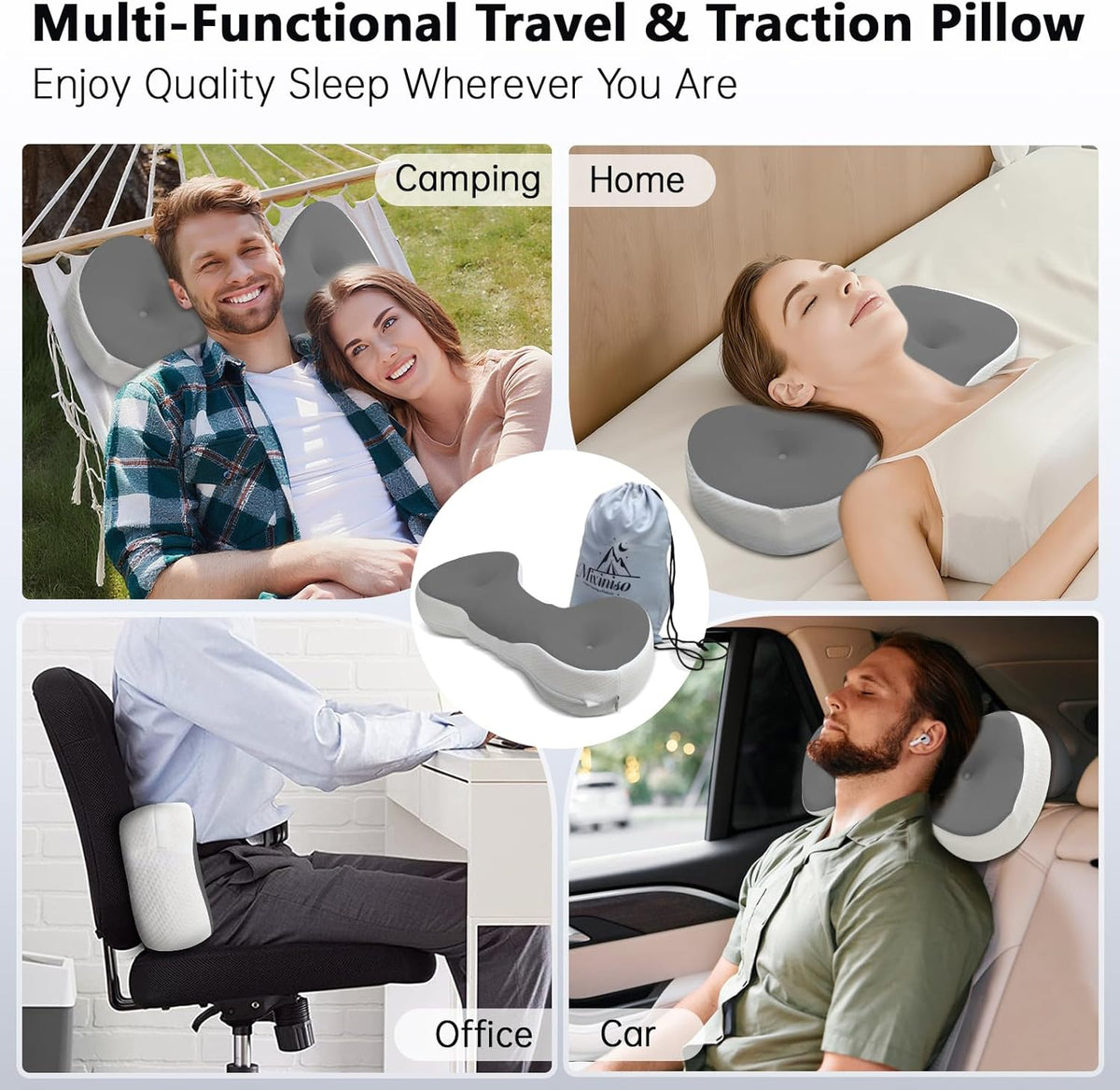 Cervical Neck Roll Pillow, Say Goodbye to Neck Pain, Travel Neck Support Pillow for Side Sleepers, Ergonomic Memory Foam Camping Pillow, Cervical Traction Device with Storage Bag