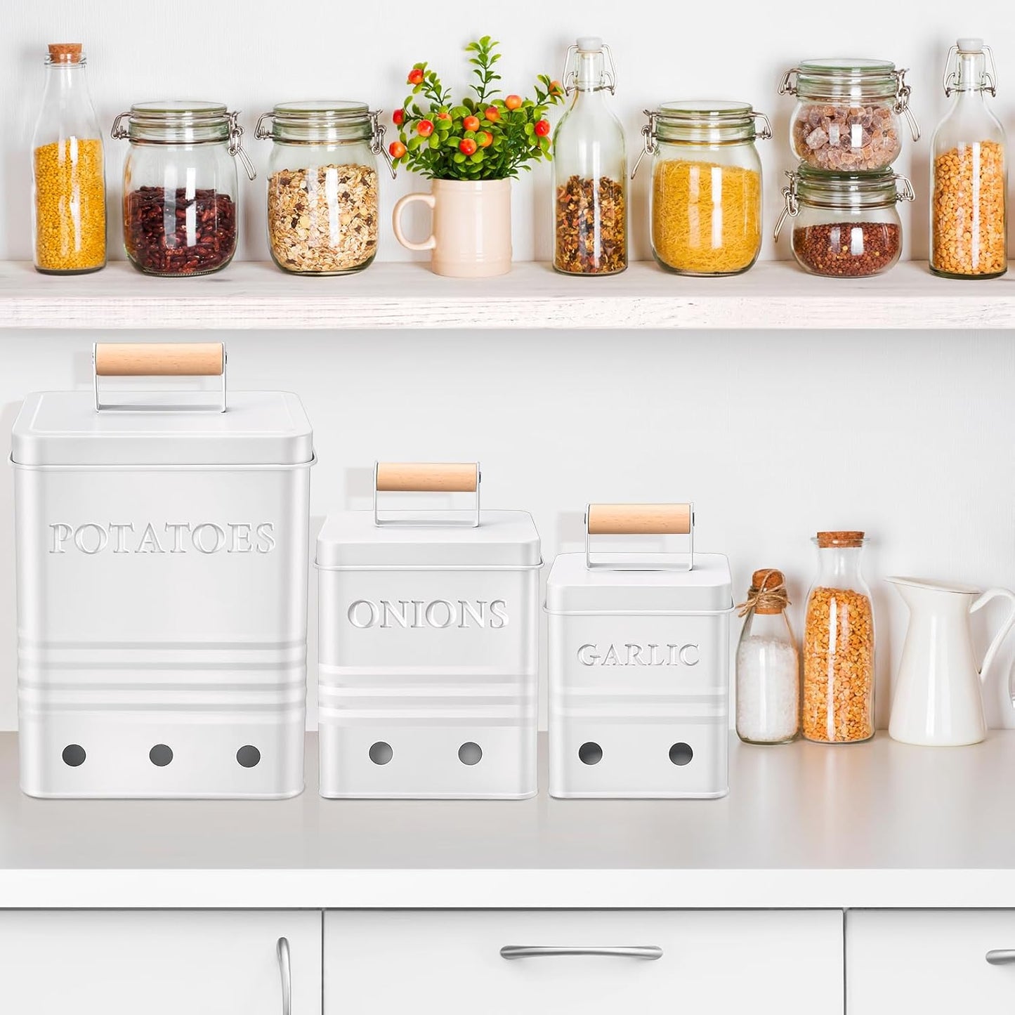 3 Pcs Potato Onion Garlic Storage Bin Metal Vegetable Keeper Container with Lid Aerating Hole Farmhouse Style for Kitchen Counter Pantry Sweet-potato Carrot Fruit Keep Fresh Longer (White)
