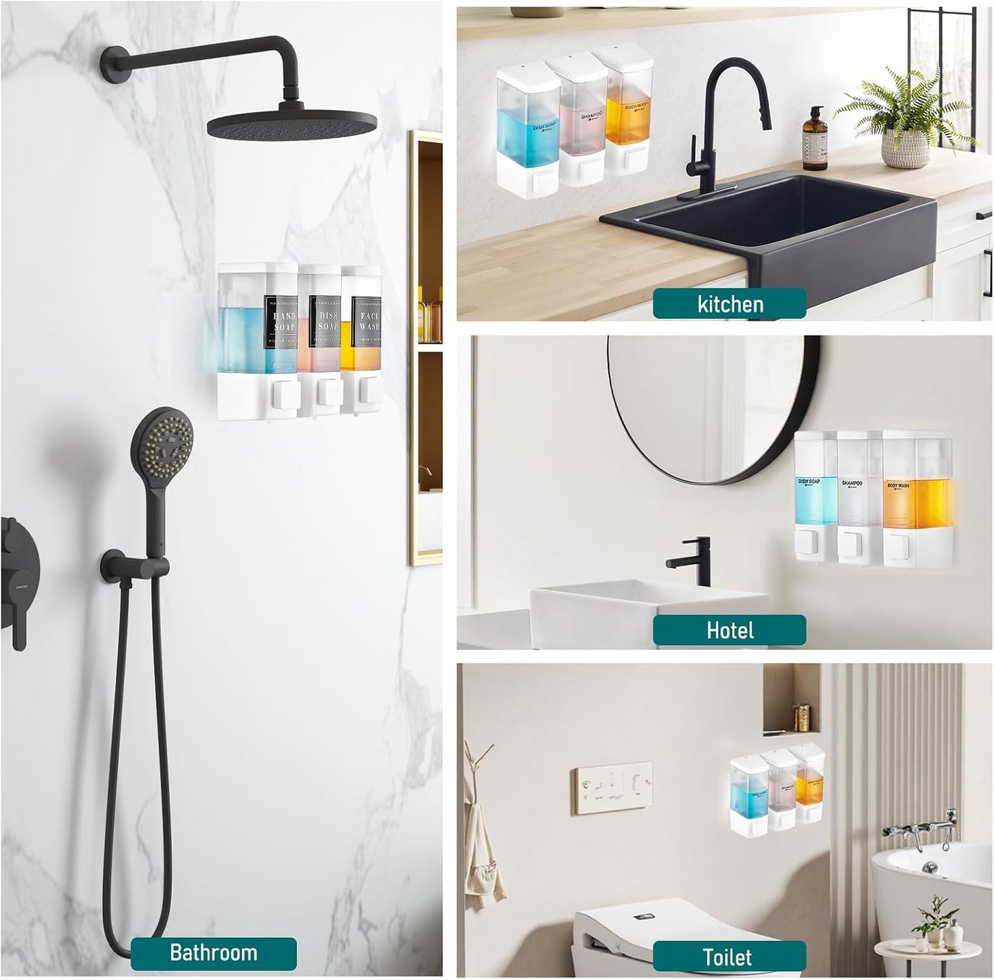 Pollock Shampoo and Conditioner Dispenser,Black 3 Chamber * 500ML | Shower Soap Dispenser Wall Mounted, Body Wash Dispenser No Drill,Refillable Shower Dispenser for Bathroom,Hotel,Public Place