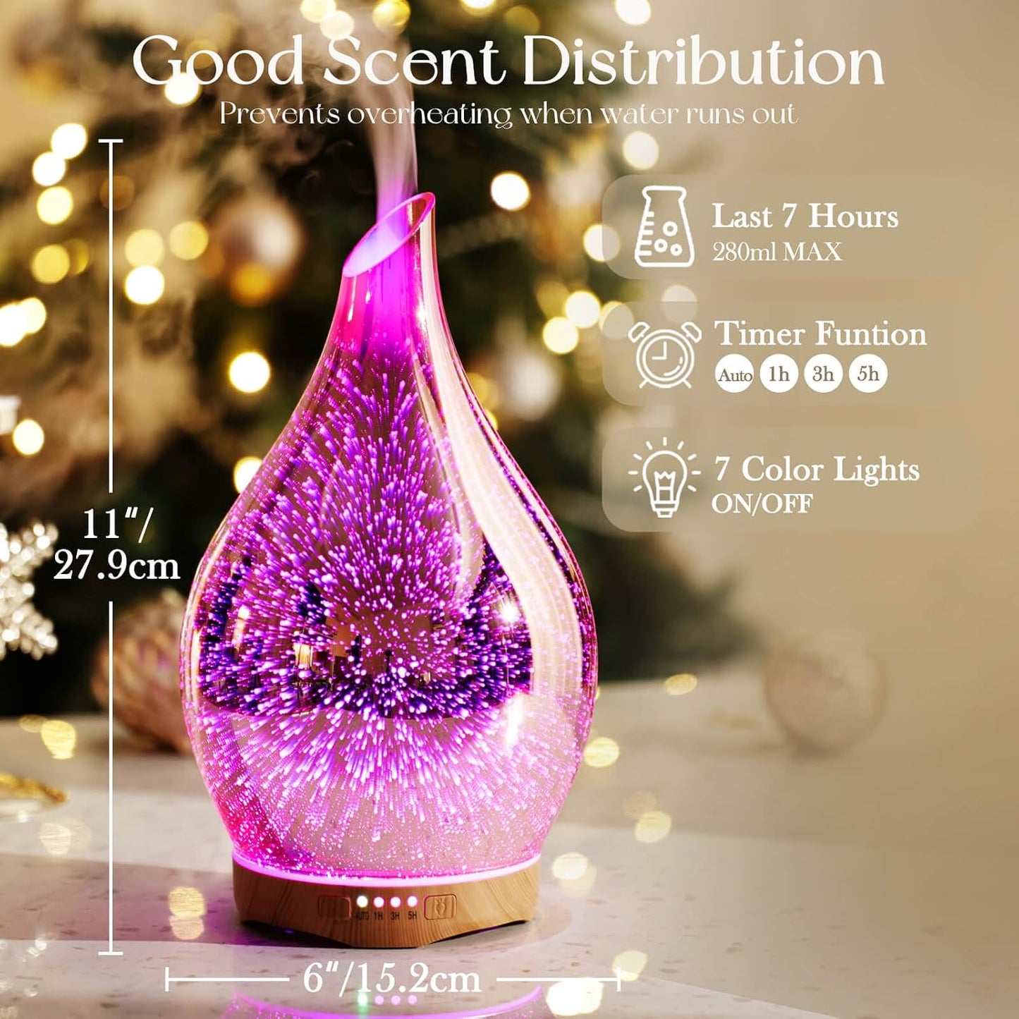 Porseme Oil Diffuser 3D Glass Aromatherapy Ultrasonic Humidifier, Air Refresh Auto Shut-Off, Timer Setting, BPA Free for Home Hotel Yoga Leisure SPA Gift 150ml Last 6H - Colors B