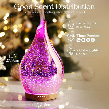 Porseme Essential Oil Diffuser 280ml Handmade Glass Diffuser 7H Runtime | Elegant Handmade Glass Aroma Diffuser with 7-color LEDs, Quiet Aromatherapy and Safe Auto Shut-off, Perfect for Gifts