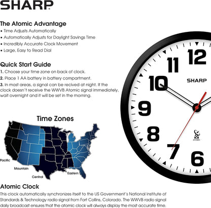 Sharp 12-Inch Atomic Wall Clock, Battery Operated, White with Black Frame | Self-setting atomic time; Easy-read analog face; Automatic time adjustment; Simple setup; Versatile home or office style