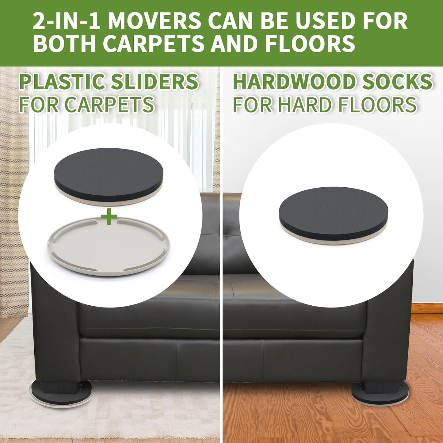 2 in 1 Furniture Sliders, 8 PCS in 3 1/2" or 4", Brown | Furniture Sliders for Hardwood Floors, Furniture Sliders for Carpet, Sliders for Moving Furniture, Furniture Movers Sliders