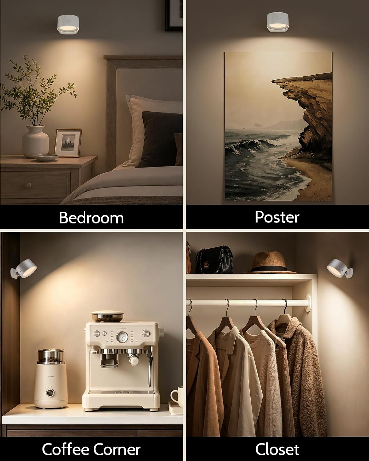 LED Wall Mounted Lights, Rechargeable Wall Sconces, 3 Color Temps, Remote & Touch, 360° Rotating and Dimmable for Bedroom, Bedside & Reading (Black, 2 Pack)