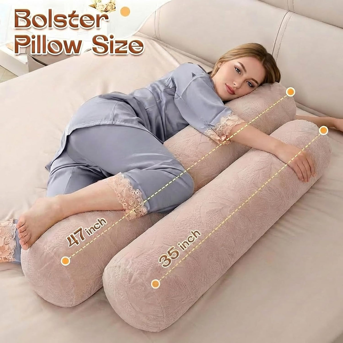 1 MIDDLE ONE Body Pillow for Adults, Bolster Pillow with Removable Velvet Cover, Long Round Cervical Roll Pillow, 35 x 7.87 Inches, Blue