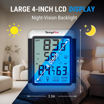TempPro TempAir Digital Indoor Hygrometer Thermometer with Touchscreen | 4-Inch Temperature/Humidity Monitor with Backlit, Room Thermometer/Humidity Meter for House Home Greenhouse