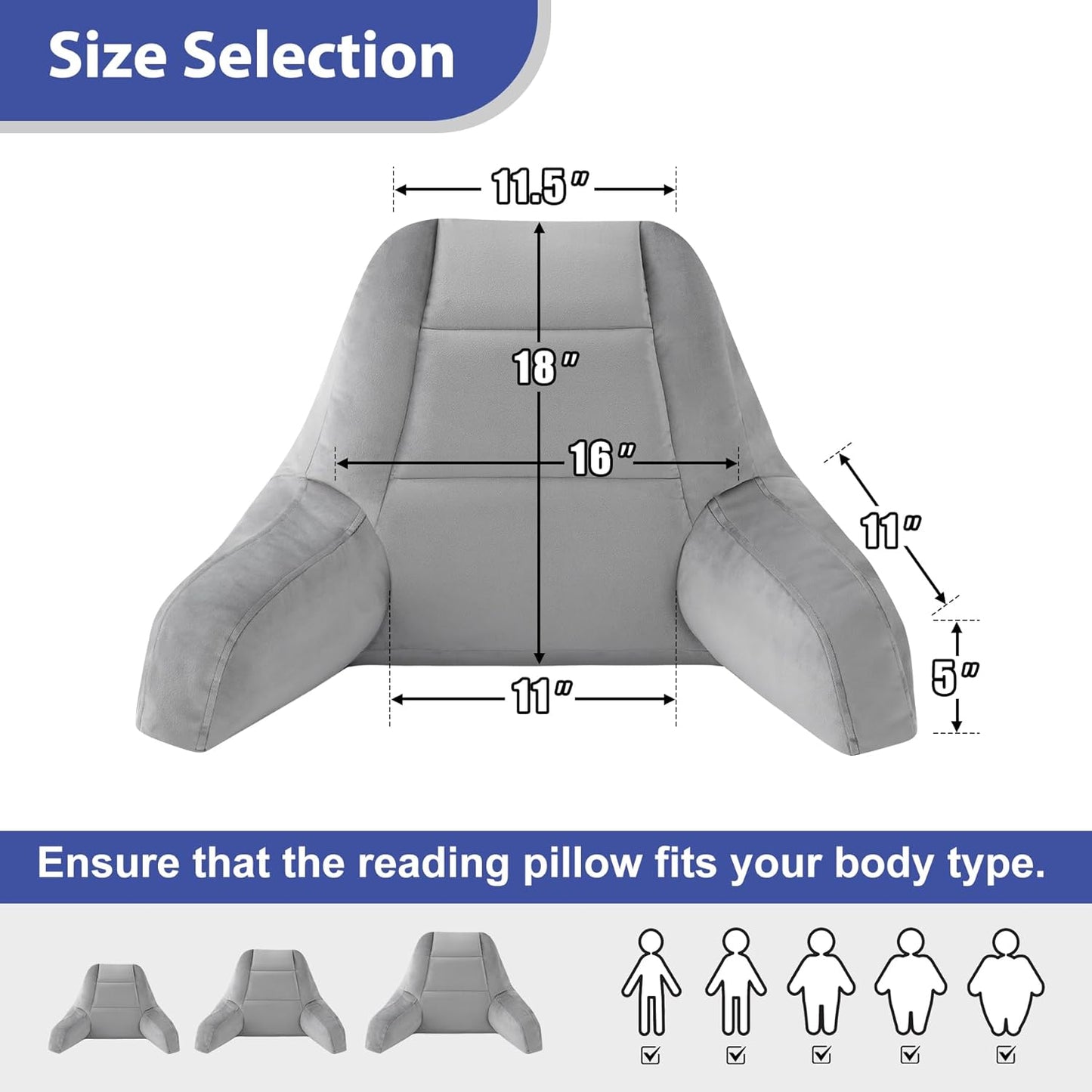 IASEAHK Back Pillow for Bed Sitting Up, Reading Pillows for Beds, Bed Pillow for Sitting up, Backrest Pillows with Arms for Adult, Filled with Shredded Memory Foam for Beds, Couch, Floor, Light Grey