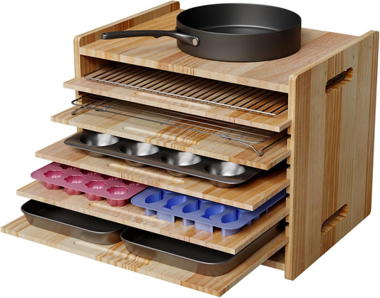 7 Tiers Cookie Sheet Organizer for Cabinet, Wooden Tray Dividers for Kitchen Cabinets Baking Sheet Pan Organizer, for Heavy Pans, Cutting Board, Bakeware, Kitchen Cupboard Storage, Solid Wood