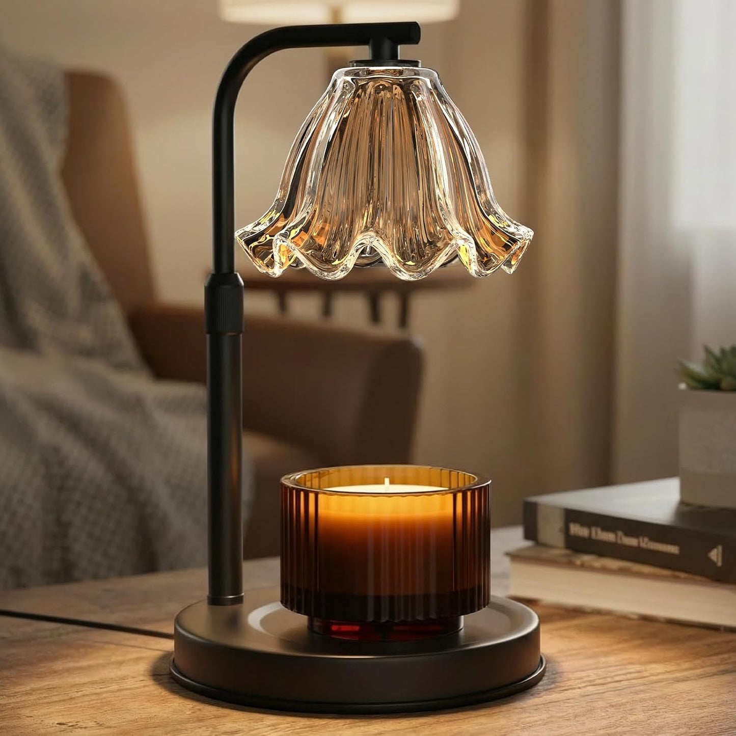 Flower Candle Warmer Lamp with Timer - Adjustable Height for Jar Candles | Metal and glass candle warmer with 4 brightness levels, 2/4/8-hour timer, adjustable 7.08-11.1 in pole and two 50W bulbs