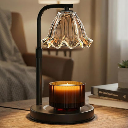 Flower Candle Warmer Lamp with Timer - Adjustable Height for Jar Candles | Metal and glass candle warmer with 4 brightness levels, 2/4/8-hour timer, adjustable 7.08-11.1 in pole and two 50W bulbs