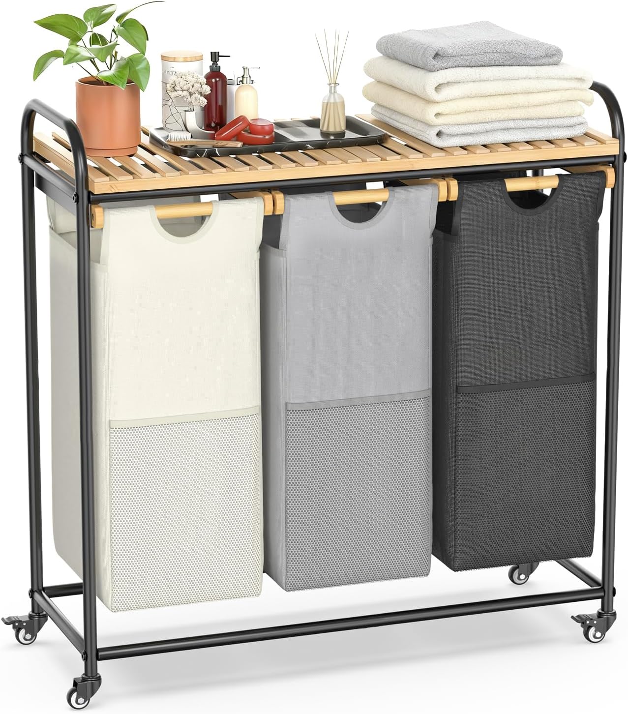 BambooHomie Laundry Hampers 3 Section, Laundry Sorter with Removable Shelf and Pull-Out Bags, Rolling Cart Clothes Hampers Basket with Wheels for Laundry Room Bathroom, 3 x 45 L (Black Beige Gray)