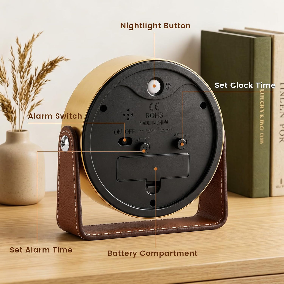 Analog Alarm Clock - 4.5" Silent Non Ticking Small Clock with Light, Rotatable Stand Metal Desk Clock Battery Operated, Simple Design for Living Room Decor/ Bedroom/Bedside/Shelf (Black & White)