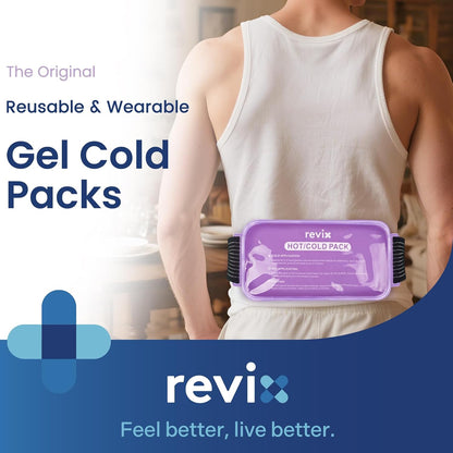 REVIX Ice Packs for Injuries Reusable, 2 Packs Hot & Cold Gel Ice Packs with PVC Cooling Design & Adjustable Strap, Flexible Therapy on Joints, Muscles, Shoulder, Back and Knee (10" x 5" Blue)