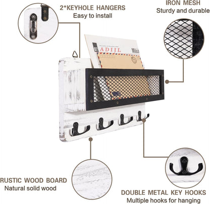ADIIL Mail and Key Holder for Wall Decorative, Wooden Wall Mount Key Rack Hanger Organizer with 4 Double Key Hooks, Rustic Home Decor for Entryway Hallway, Brown