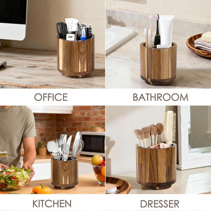 Toothbrush Holder for Bathrooms,Toothbrush Holders,Acacia Wood | Four Drainage Holes,Removable Divider,360° Rotating,Space-Saving,Toothbrush and Toothpaste Holder for Bathroom Countertop