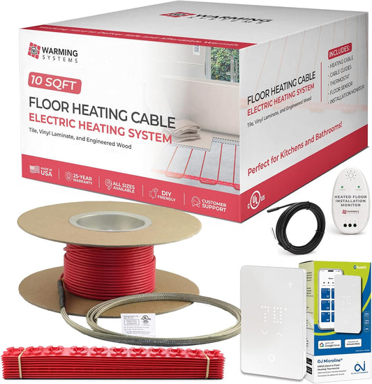 15 Sqft Electric Radiant Floor Heating Cable Kit – 120V Heated Tile Floor System with UWG5 Programmable Thermostat, Sensor, Installation Monitor & 25 Year Warranty, Made in the USA - Colors A