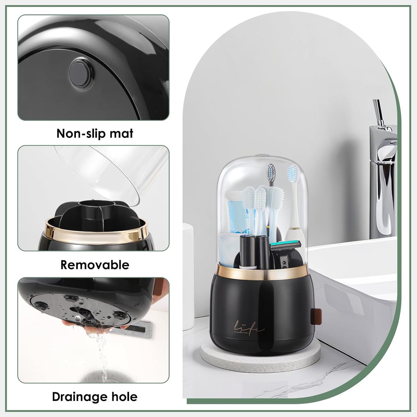 Toothbrush Holders, Toothbrush Holders for Bathrooms, Makeup Brush Holder | Toothbrush and Toothpaste Holder, Rotatable Toothbrush Holder with Transparent Dust Cover, Multi Drainage Vent Holes