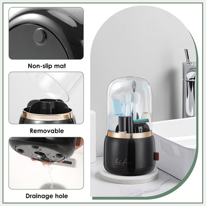 Toothbrush Holders, Toothbrush Holders for Bathrooms, Makeup Brush Holder | Toothbrush and Toothpaste Holder, Rotatable Toothbrush Holder with Transparent Dust Cover, Multi Drainage Vent Holes