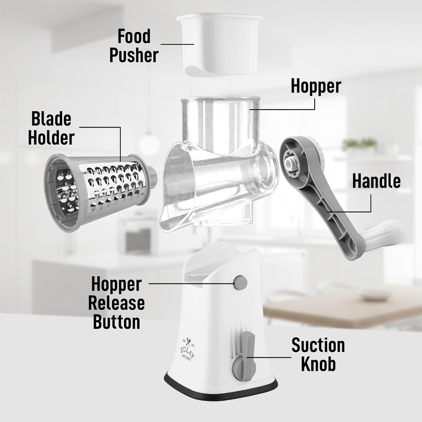 Zulay Kitchen Rotary Cheese Grater 5 Blade Cheese Shredder - Manual Hand Crank Cheese Grater With Reinforced Suction & 5 Interchangeable Drums - Easy to Use, Vegetable Chopper Round Mandoline Slicer - Colors B
